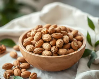 A wooden bowl of mixed nuts
