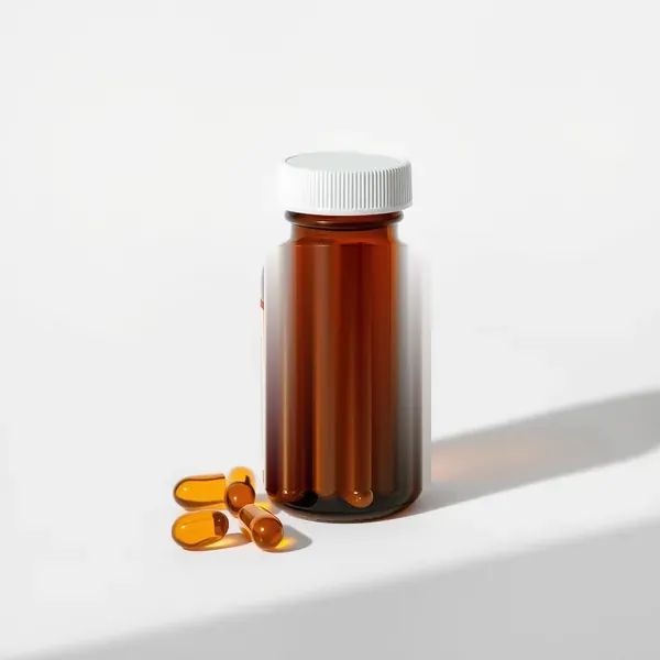 An amber bottle of omega-3 fish oil softgels