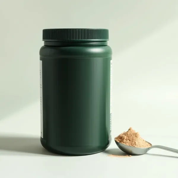A dark green tub of organic protein powder