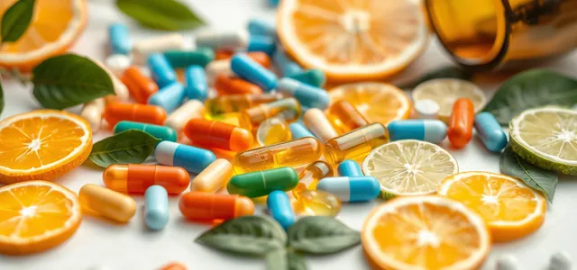 Assorted vitamin capsules and citrus slices