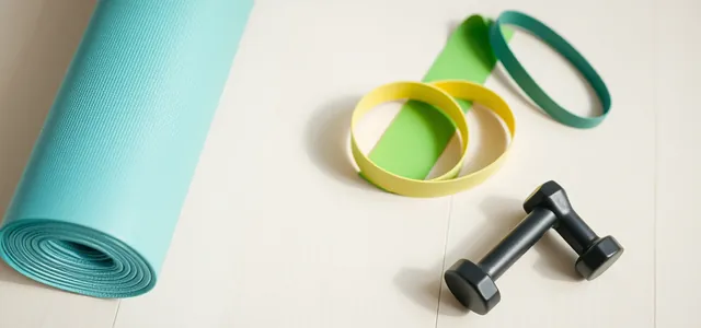 A rolled teal yoga mat, resistance bands and small dumbbells