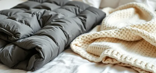 A grey quilted weighted blanket beside a cream blanket