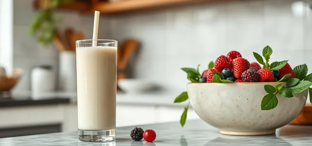 A glass of vanilla shake beside a bowl of fresh fruit