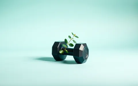 A black hexagonal dumbbell with a sprig of leaves