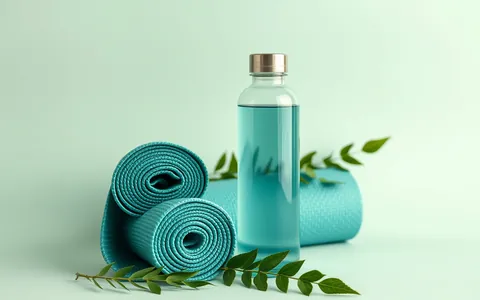 A teal water bottle beside a rolled teal yoga mat