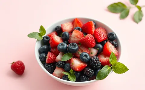 A white bowl of mixed berries with green leaves