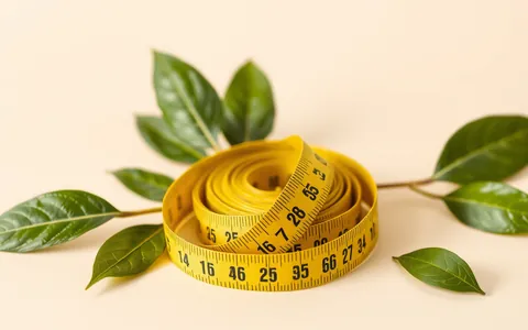 A coiled yellow tape measure with green leaves