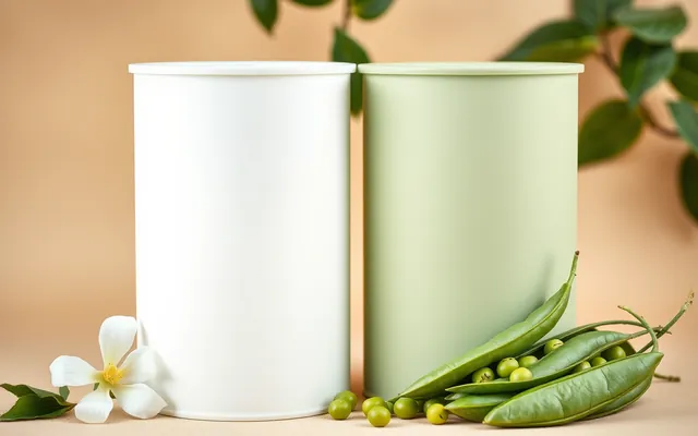 A white protein tub beside a green protein tub with peas and a flower