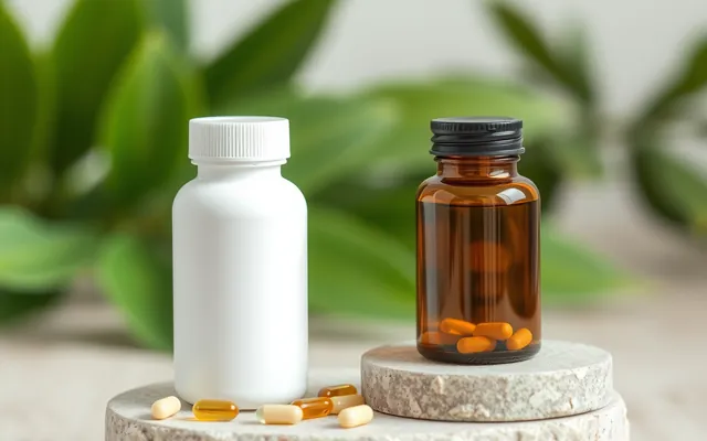 A white supplement bottle beside an amber supplement bottle on stone pedestals