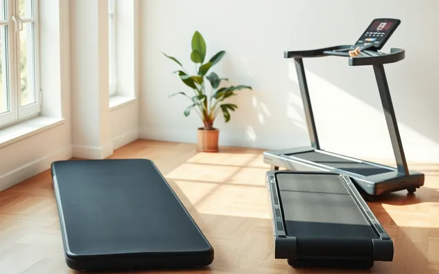 A flat walking pad beside a full treadmill in a bright room