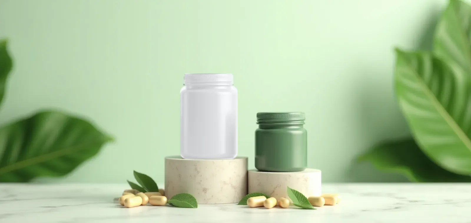 A white supplement jar and a green supplement jar on round stone pedestals, with leaves and capsules