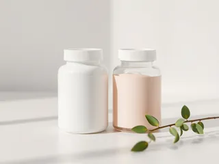 A white jar and a pink jar of collagen powder