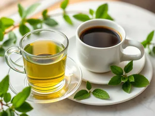 A cup of green tea next to a cup of black coffee