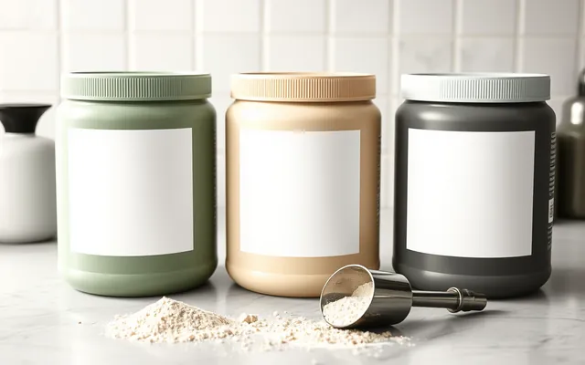Three plain unlabelled protein powder tubs with a scoop and spilled powder on a kitchen counter