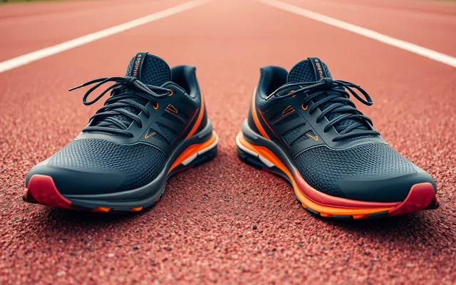 Two pairs of running shoes on a track