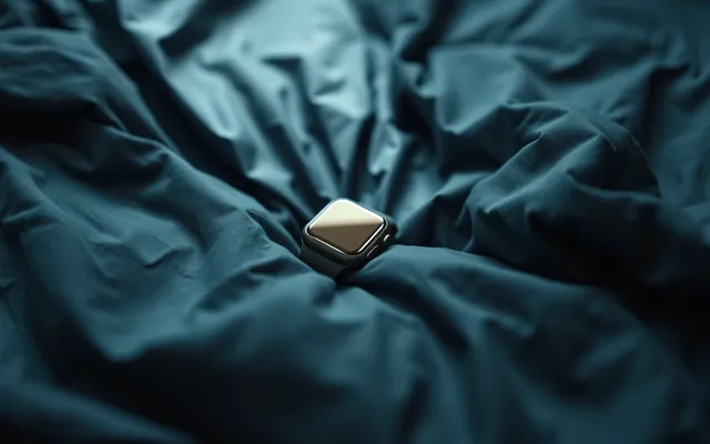 A smartwatch lying in rumpled navy bed sheets