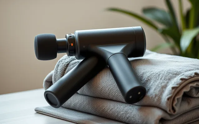 A black massage gun resting on a gym towel