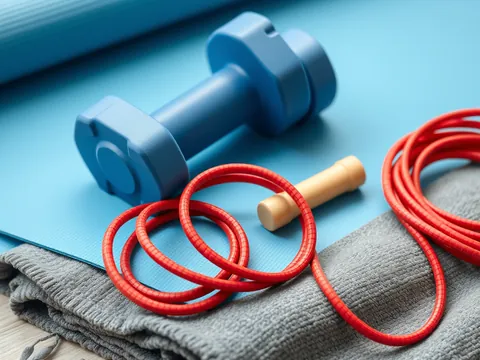Blue dumbbells, a blue yoga mat and a red skipping rope
