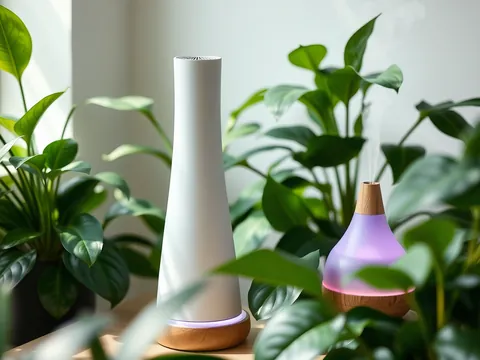 A tall white air purifier and a glowing aroma diffuser among plants