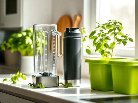 A glass blender, a black shaker and green storage tubs on a counter