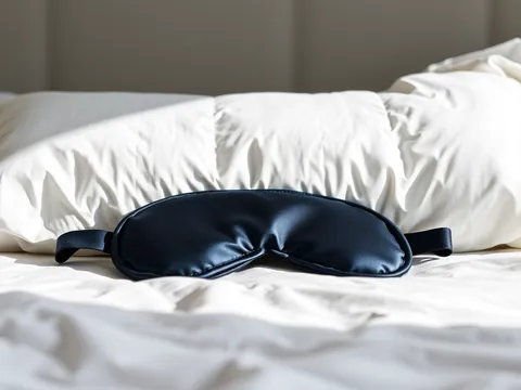 A dark satin eye mask in front of a quilted white pillow
