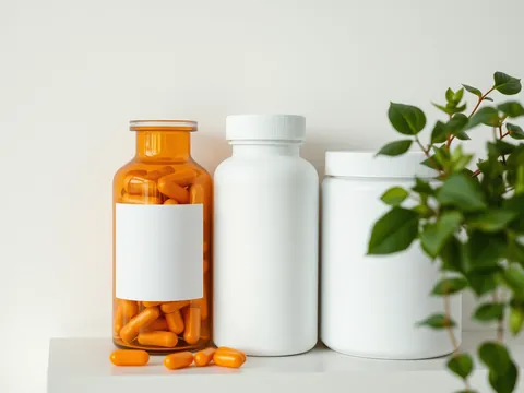 An amber bottle of orange capsules, a white pill bottle and a white tub with blank labels on a shelf beside a plant