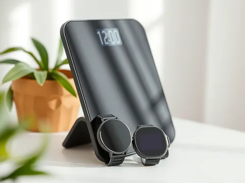 A smartwatch leaning against a black smart scale