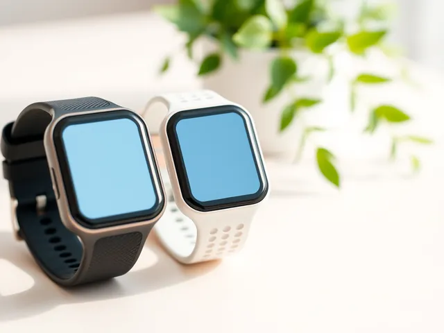 Three fitness tracker smartwatches with black, white and pink straps lined up on a table