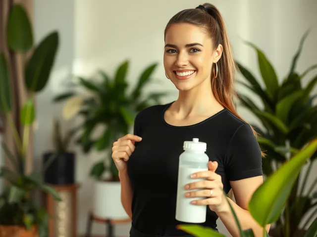 A smiling woman in a black sports top holding a shaker bottle at home