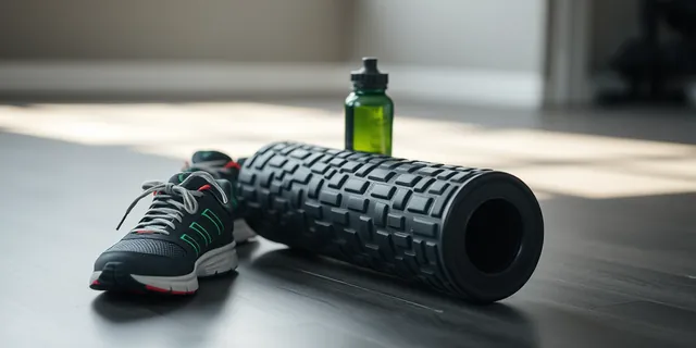 A foam roller, running shoes and a water bottle on a gym floor