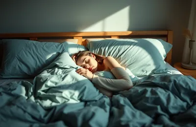 A woman sleeping in blue bedding
