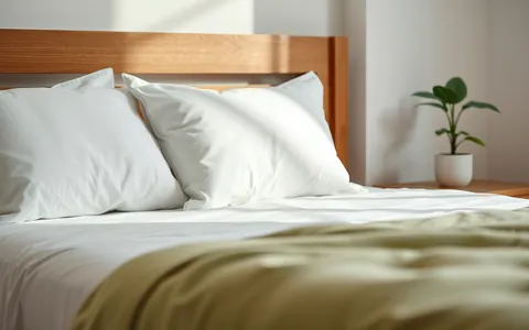 A neatly made bed with white pillows