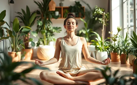 A woman meditating in a bright room with plants