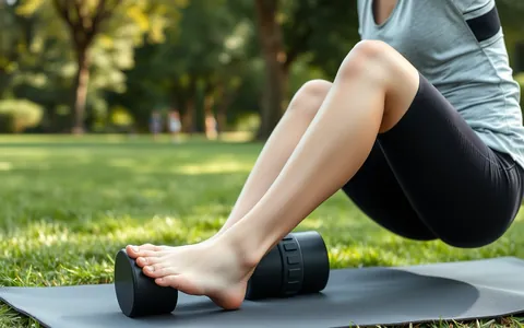 A woman using a foam roller in a park