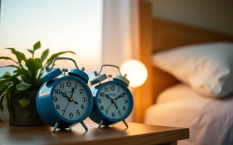 A blue alarm clock on a bedside table