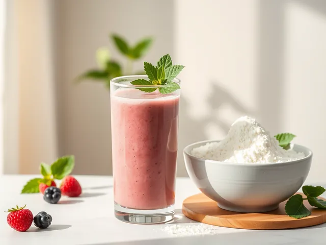 A pink smoothie beside a bowl of protein powder