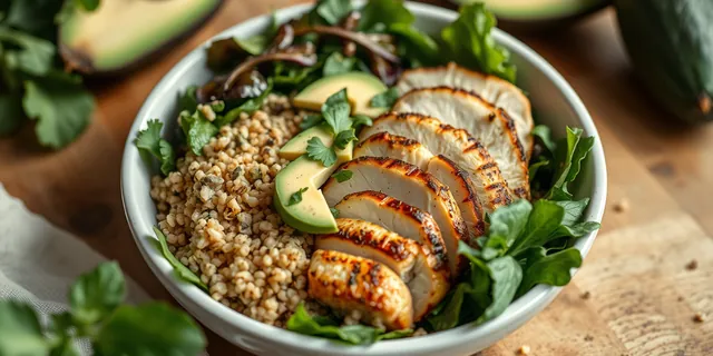 A bowl of grilled chicken with quinoa and avocado