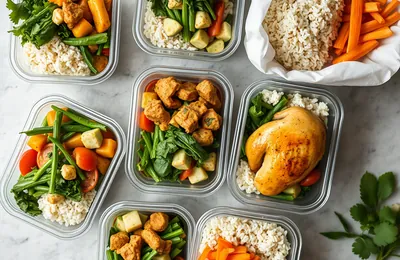Colorful meal prep boxes seen from above