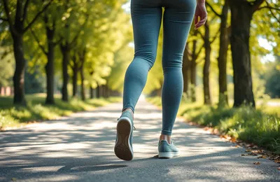 Legs walking along a sunny tree-lined path
