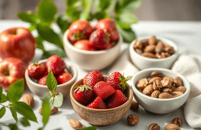 Apples, strawberries and nuts in small bowls