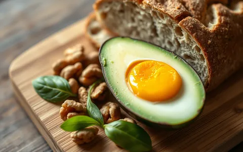 Eggs, avocado, nuts and whole grain bread on a board