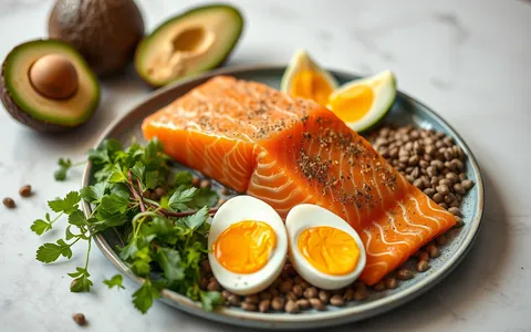 Salmon, avocado, eggs and lentils on a table