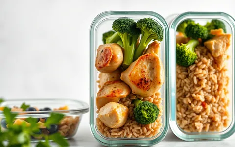 Meal prep containers with chicken, broccoli and rice