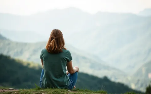 A woman sitting calmly facing green mountains