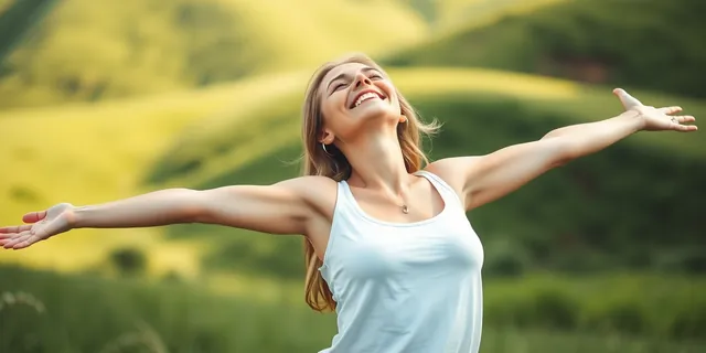 A happy woman stretching her arms in a sunny meadow