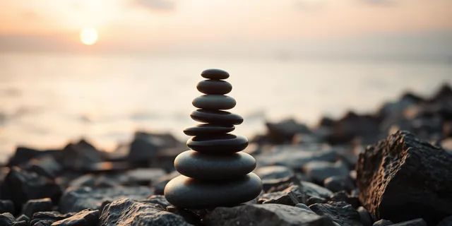 Balanced stones stacked on a calm seashore