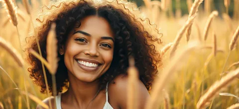 A smiling woman in tall grass in warm sunlight