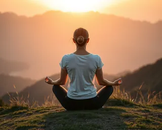 A woman meditating on a hilltop at sunset