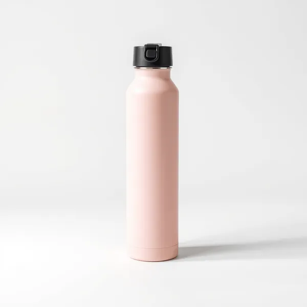 Illustrative image: a blush pink insulated water bottle