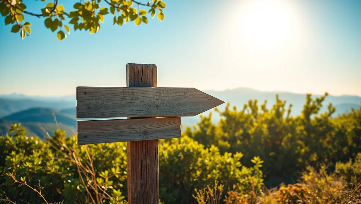 A wooden signpost on a sunny hilltop with mountains in the distance